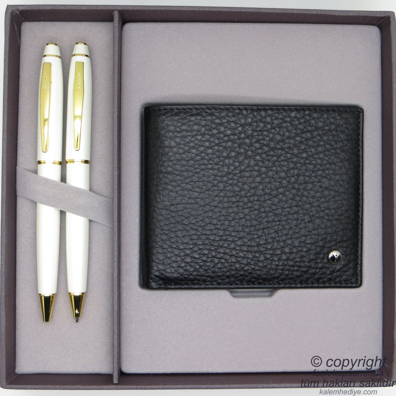 Scrikss Deri Cüzdanlı Beyaz Altın Hediye Seti MD-2063 | Deri Cüzdan + Kalem Seti | Scrikss Kalem | İsme Özel Kalem | Hediyelik Set