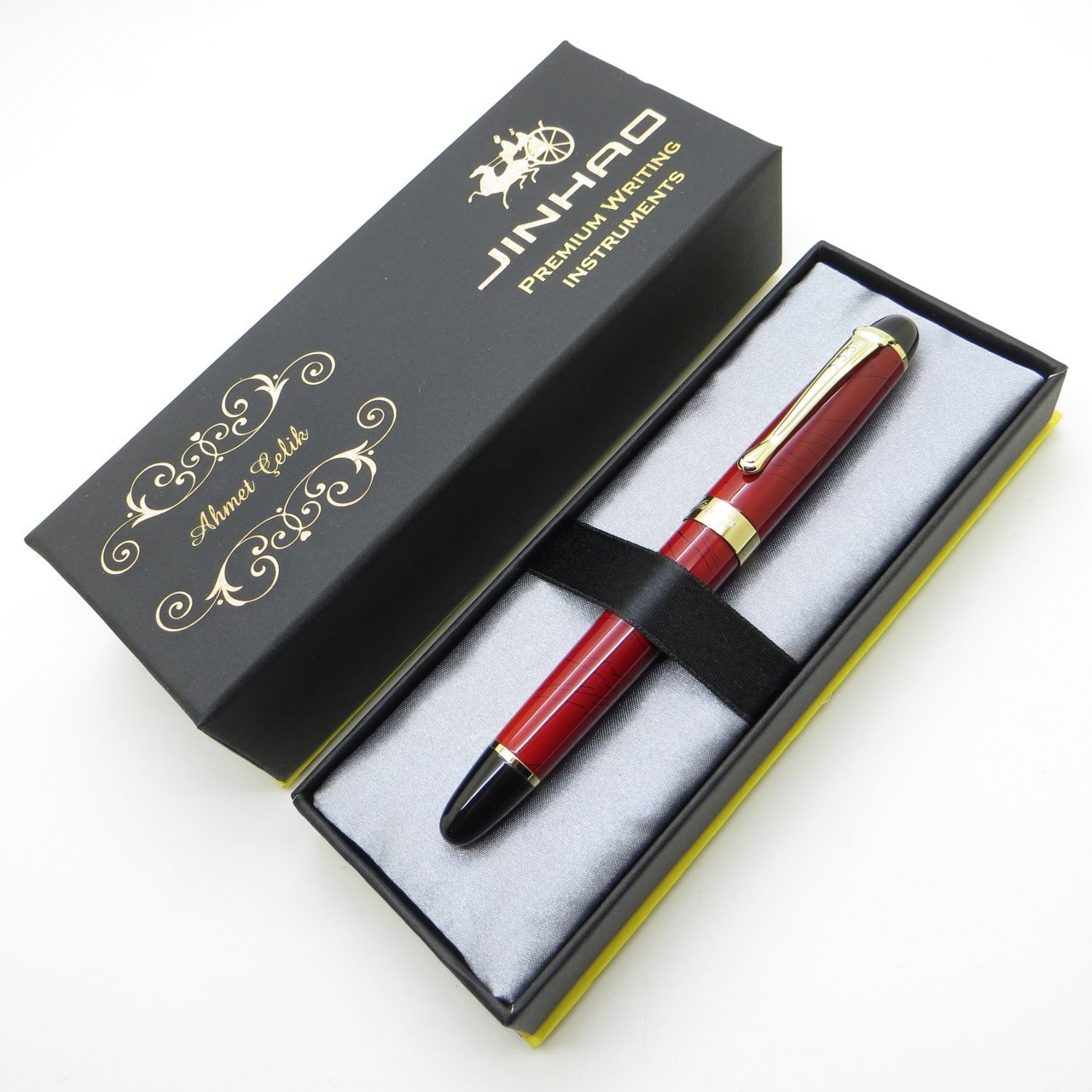 Jinhao Kırmızı Altın Siyah Çizgi Full Metal Dolma Kalem | İsme Özel Kalem