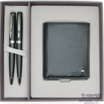 Scrikss Deri Cüzdanlı Mat Siyah Hediye Seti MD-2091 | Deri Cüzdan + Kalem Seti | Scrikss Kalem | İsme Özel Kalem | Hediyelik Set