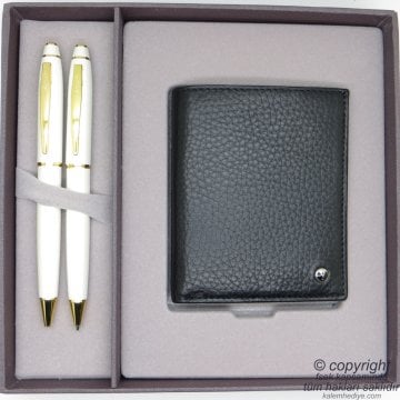 Scrikss Deri Cüzdanlı Beyaz Altın Hediye Seti MD-2092 | Deri Cüzdan + Kalem Seti | Scrikss Kalem | İsme Özel Kalem | Hediyelik Set