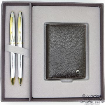 Scrikss Deri Kartlıklı Gold Krom Hediye Seti MD-2101 | Deri Kartlık + Kalem Seti | Scrikss Kalem | İsme Özel Kalem | Hediyelik Set