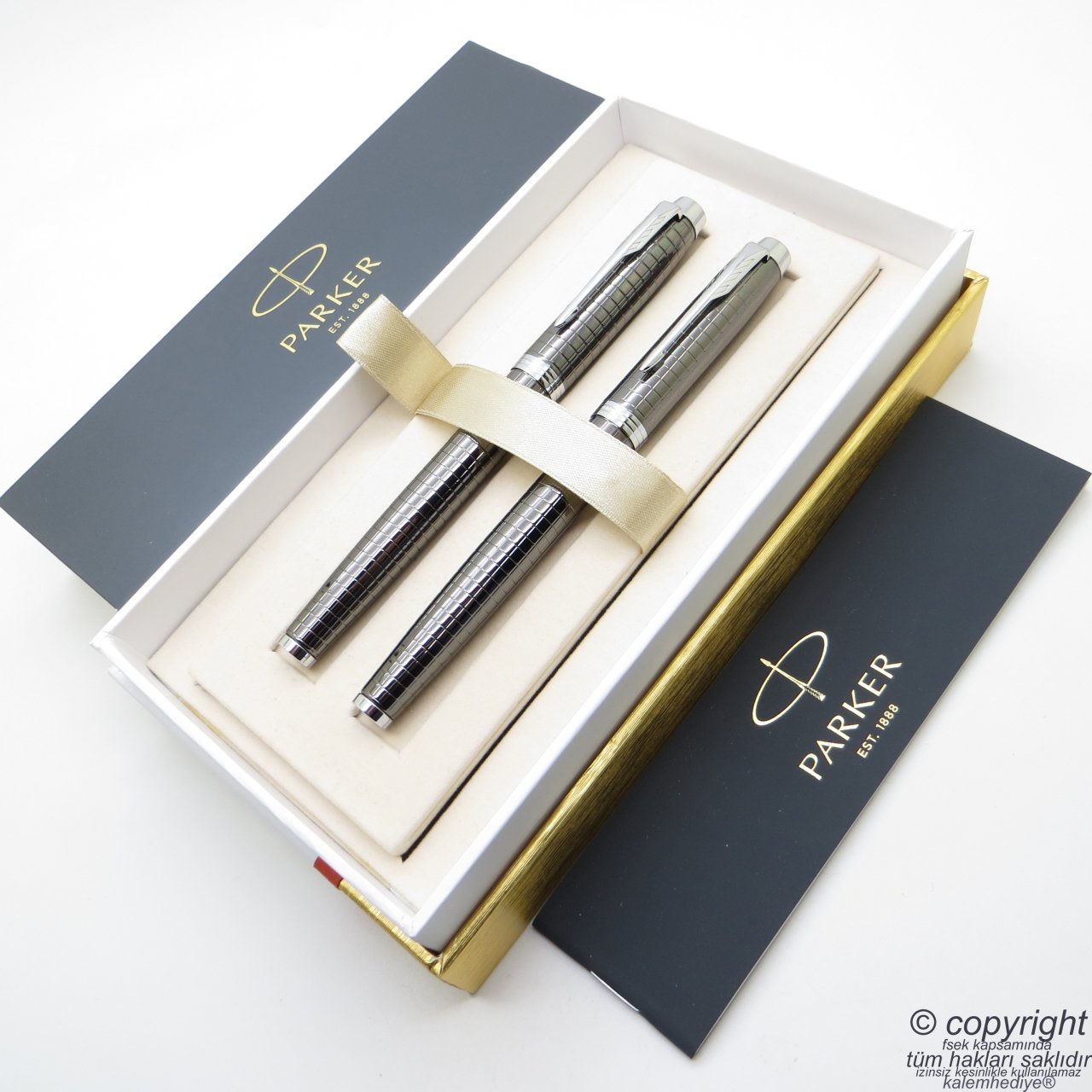 Parker IM Premium Desenli Titanyum Kurşuni Dolma Kalem + Roller Kalem Seti | İsme Özel Kalem