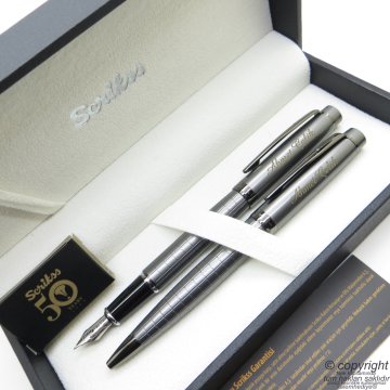 Scrikss 38 Karbon Gri Dolma Kalem + Tükenmez Kalem Set | Scrikss Kalem | İsme Özel Kalem | Hediyelik Kalem