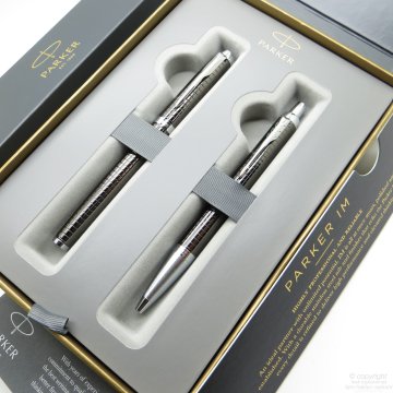 Parker IM Premium Desenli Titanyum Kurşuni Roller Kalem + Tükenmez Kalem Set | İsme Özel Kalem | Hediyelik Kalem