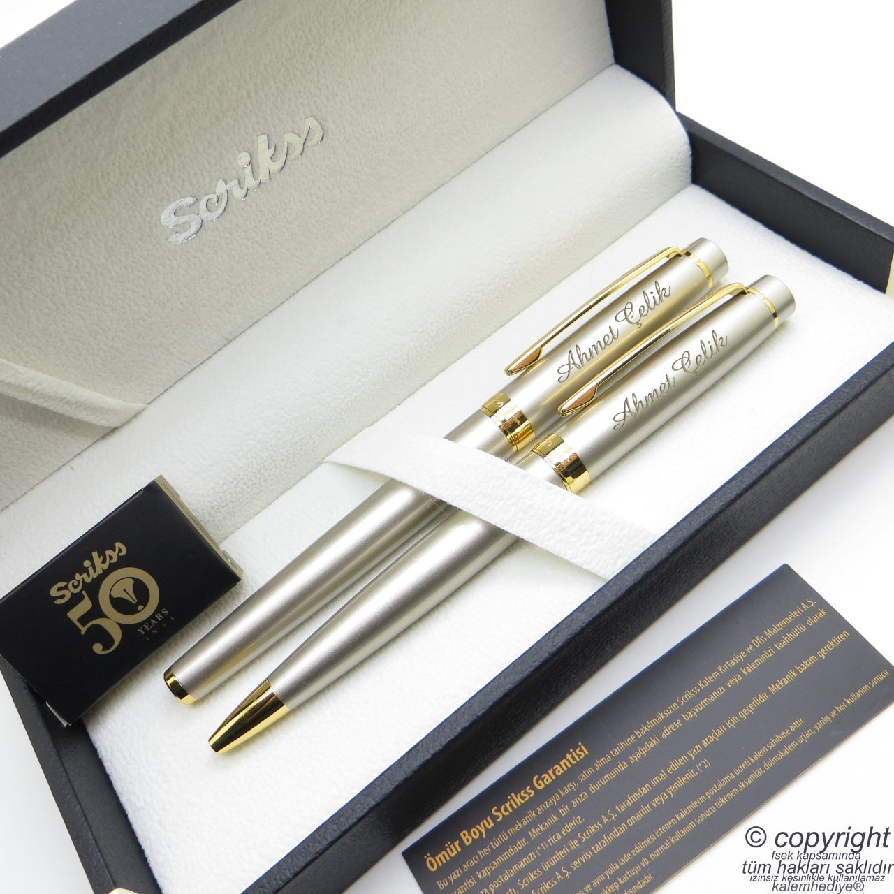 Scrikss 38 Saten Altın Dolma Kalem + Tükenmez Kalem Set | Scrikss Kalem | İsme Özel Kalem | Hediyelik Kalem