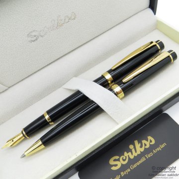 Scrikss 38 Siyah Altın Dolma Kalem + Tükenmez Kalem Set | Scrikss Kalem | İsme Özel Kalem | Hediyelik Kalem