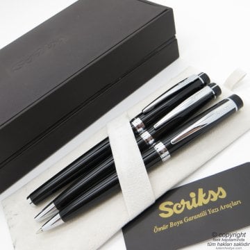 Scrikss 38 3'lü Set Siyah Krom | Dolma Kalem + Tükenmez Kalem + Versatil Kalem | Scrikss Kalem | İsme Özel Kalem | Hediyelik Kalem