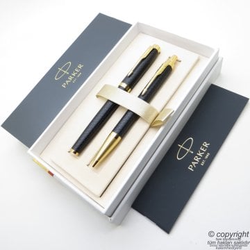 Parker IM Premium Desenli Siyah-Altın Dolma Kalem + Tükenmez Kalem | İsme Özel Kalem | Hediyelik Kalem