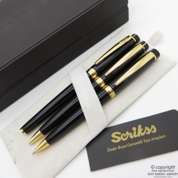 Scrikss 38 3'lü Set Siyah Altın Deri Ahşap Kutulu | Dolma Kalem + Tükenmez Kalem + Versatil Kalem | Scrikss Kalem | İsme Özel Kalem | Hediyelik Kalem