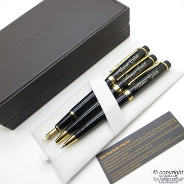 Scrikss 38 3'lü Set Siyah Altın Deri Ahşap Kutulu | Dolma Kalem + Tükenmez Kalem + Versatil Kalem | Scrikss Kalem | İsme Özel Kalem | Hediyelik Kalem