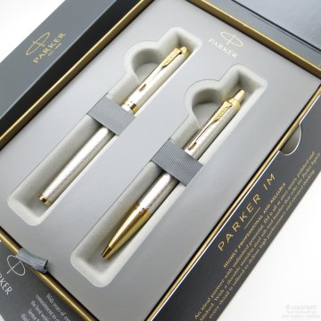 Parker IM Premium Desenli Saten Altın Dolma Kalem + Tükenmez Kalem | İsme Özel Kalem | Hediyelik Kalem