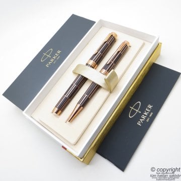 Parker Premier Luxury Altın Kahve GT Roller Kalem + Tükenmez Kalem Set | Parker Kalem | İsme Özel Kalem | Hediyelik Kalem