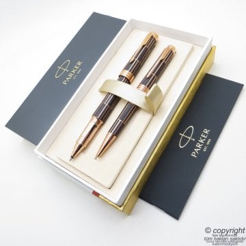 Parker Premier Luxury Altın Kahve GT Roller Kalem + Tükenmez Kalem Set | Parker Kalem | İsme Özel Kalem | Hediyelik Kalem