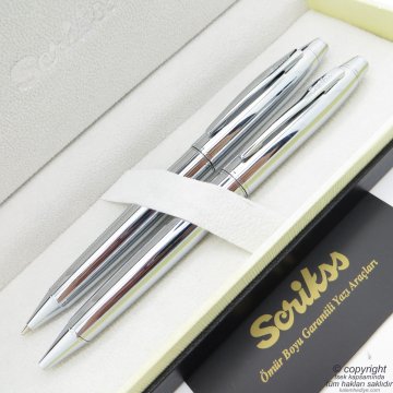 Scrikss 35 Parlak Krom Tükenmez Kalem + Versatil Kalem Set | Scrikss Kalem | İsme Özel Kalem | Hediyelik Kalem