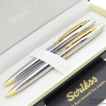 Scrikss 35 Gold Krom Tükenmez Kalem + Versatil Kalem Set | Scrikss Kalem | İsme Özel Kalem | Hediyelik Kalem