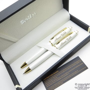 Scrikss 35 Beyaz Altın Tükenmez Kalem + Versatil Kalem Set | Scrikss Kalem | İsme Özel Kalem | Hediyelik Kalem