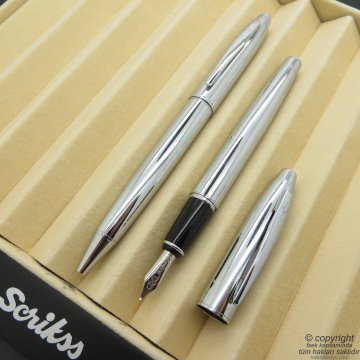 Scrikss 35 Parlak Krom Dolma Kalem + Tükenmez Kalem Set | Scrikss Kalem | İsme Özel Kalem | Hediyelik Kalem