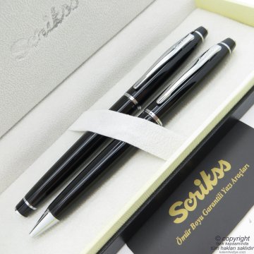 Scrikss 35 Siyah Krom Dolma Kalem + Tükenmez Kalem Set | Scrikss Kalem | İsme Özel Kalem | Hediyelik Kalem