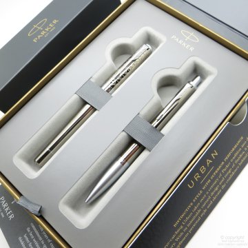 Parker Urban Premium Desenli Gümüş Yaldız Roller Kalem + Tükenmez Kalem Set | İsme Özel Kalem | Hediyelik Kalem