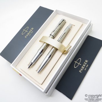 Parker Urban Premium Desenli Gümüş Yaldız Roller Kalem + Tükenmez Kalem Set | İsme Özel Kalem | Hediyelik Kalem