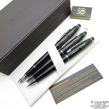 Scrikss 35 3'lü Set Siyah Deri Ahşap Kutulu | Dolma Kalem + Tükenmez Kalem + Versatil Kalem Set | Scrikss Kalem | İsme Özel Kalem | Hediyelik Kalem