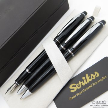 Scrikss 35 3'lü Set Siyah Deri Ahşap Kutulu | Dolma Kalem + Tükenmez Kalem + Versatil Kalem Set | Scrikss Kalem | İsme Özel Kalem | Hediyelik Kalem