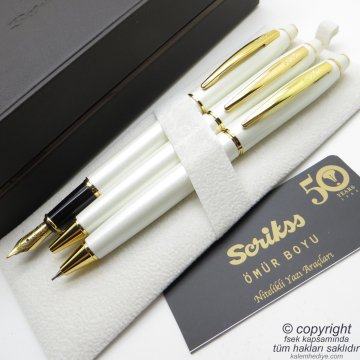 Scrikss 35 3'lü Set Beyaz Altın Ahşap Deri Kutulu | Dolma Kalem + Tükenmez Kalem + Versatil Kalem Set | Scrikss Kalem | İsme Özel Kalem | Hediyelik Kalem