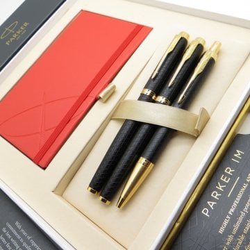 Parker IM Premium Desenli Siyah Altın Multi Set | Dolma Kalem + Roller Kalem + Tükenmez Kalem | İsme Özel Kalem