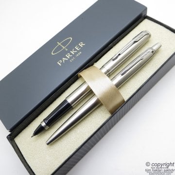 Parker Jotter Metal SS CT Roller Kalem + Tükenmez Kalem Set | İsme Özel Kalem | Hediyelik Kalem