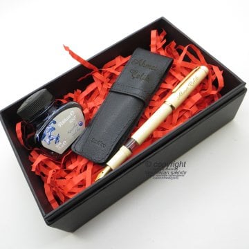 Scrikss İkili Kalem Kılıfı + 419 Krem Altın Dolma Kalem + Pelikan Mürekkep Hediyelik Set - SVG208