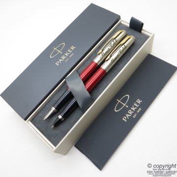 Parker Jotter Metal Kırmızı GT Dolma Kalem + Roller Kalem Set | İsme Özel Kalem | Hediyelik Kalem