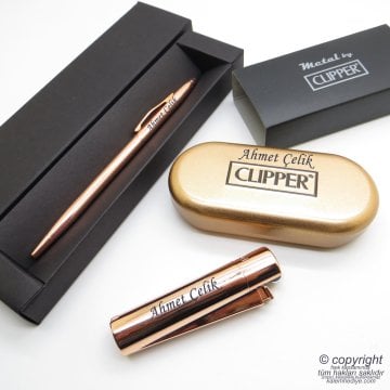 İsme Özel Clipper Parlak Rose Gold Jumbo Metal & Kutulu Çakmak + İsme Özel Kalem