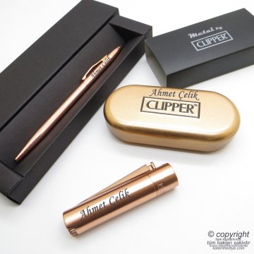 İsme Özel Clipper Mat Rose Gold Jumbo Metal & Kutulu Çakmak + İsme Özel Kalem
