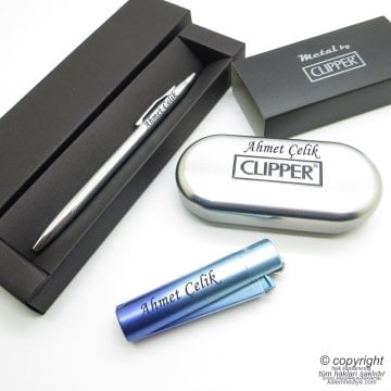 İsme Özel Clipper Soft Mavi Metal & Kutulu Çakmak + İsme Özel Kalem