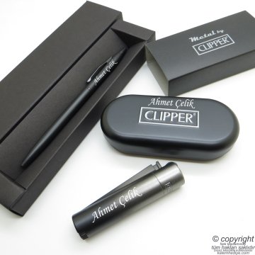 İsme Özel Clipper Mat Füme Metal & Kutulu Çakmak + İsme Özel Kalem