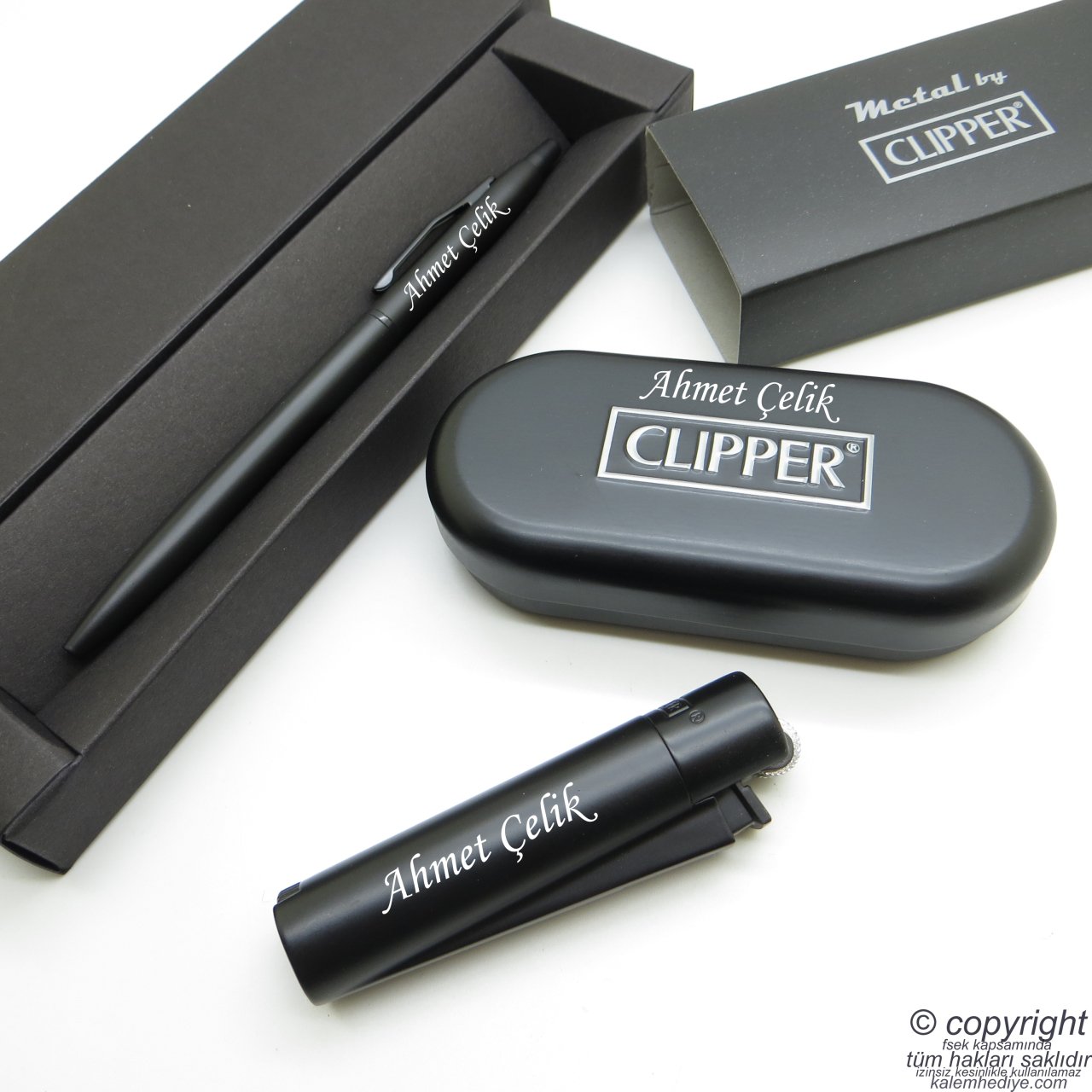 İsme Özel Clipper Mat Siyah Metal & Kutulu Çakmak + İsme Özel Kalem