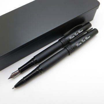 Öğretmenler Günü Kalem Seti - Mat Siyah Dolma Kalem + Roller Kalem Set - İsme Özel