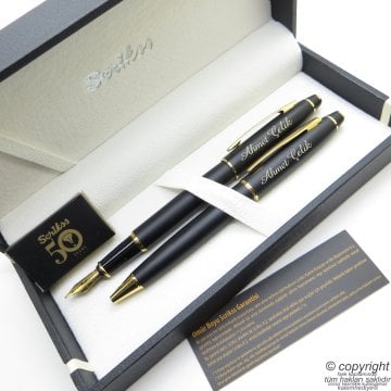 Scrikss 35 Mat Siyah Altın Dolma Kalem + Tükenmez Kalem Set | Scrikss Kalem | İsme Özel Kalem | Hediyelik Kalem
