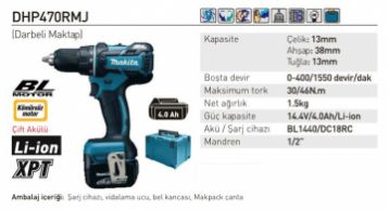 Makita DHP470RMJ Akülü Darbeli Matkap Vidalama