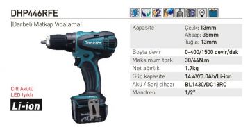 Makita DHP446RFE Akülü Darbeli Matkap Vidalama