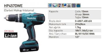 MakitaHP457DWE Akülü Darbeli Matkap Vidalama