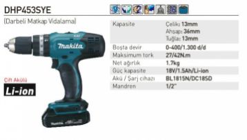 Makita DHP453SYE Akülü Darbeli Matkap Vidalama