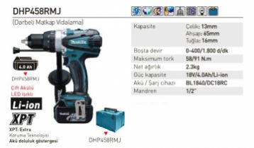 Makita DHP458RMJ Akülü Darbeli Matkap Vidalama