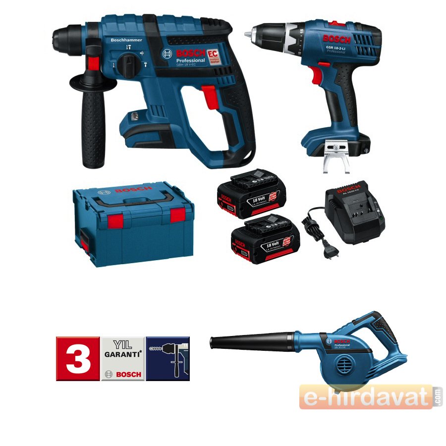 Bosch GBH 18 V-EC Darbeli Kırıcı Delici + GSR 18-2 LI Vidalama + GBL 18 Üfleme