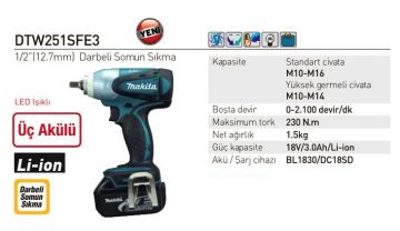 Makita DTW251SFE3 Akülü Darbeli Somun Sıkma Makinesi / 3 Akülü