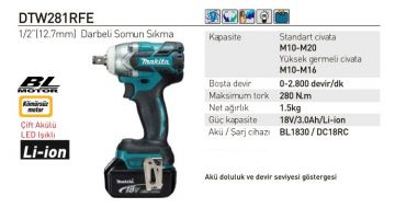 Makita DTW281RFE  Akülü Darbeli Somun Sıkma Makinesi