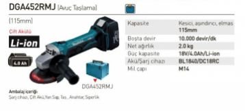 Makita DGA452RMJ Akülü Avuç Taşlama