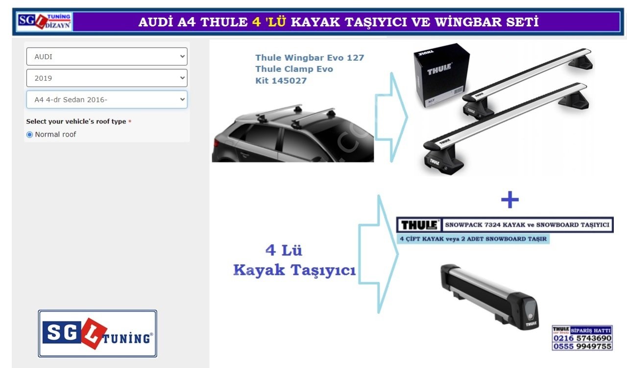 Audi A4 sedan Thule 4 Lü Kayak Taşıyıcı ve Wing Bar Seti