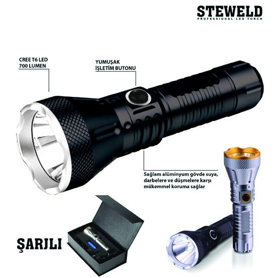 STEWELD 608B Pro 700 lümen şarjlı led el feneri (Siyah)