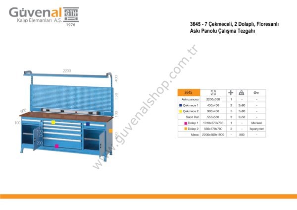 3645 - 7 Çekmeceli, 2 Dolaplı, Floresanlı Askı Panolu Çalışma Tezgahı